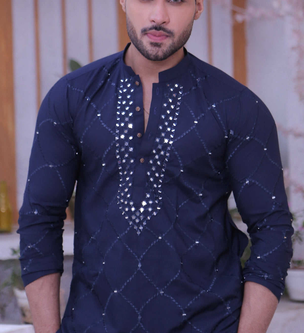 Blue Color Mirror Embroidered Kurta Pajama For Men