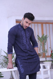 Blue Color Chicken Kari Embroidery Kurta Pajama For Men
