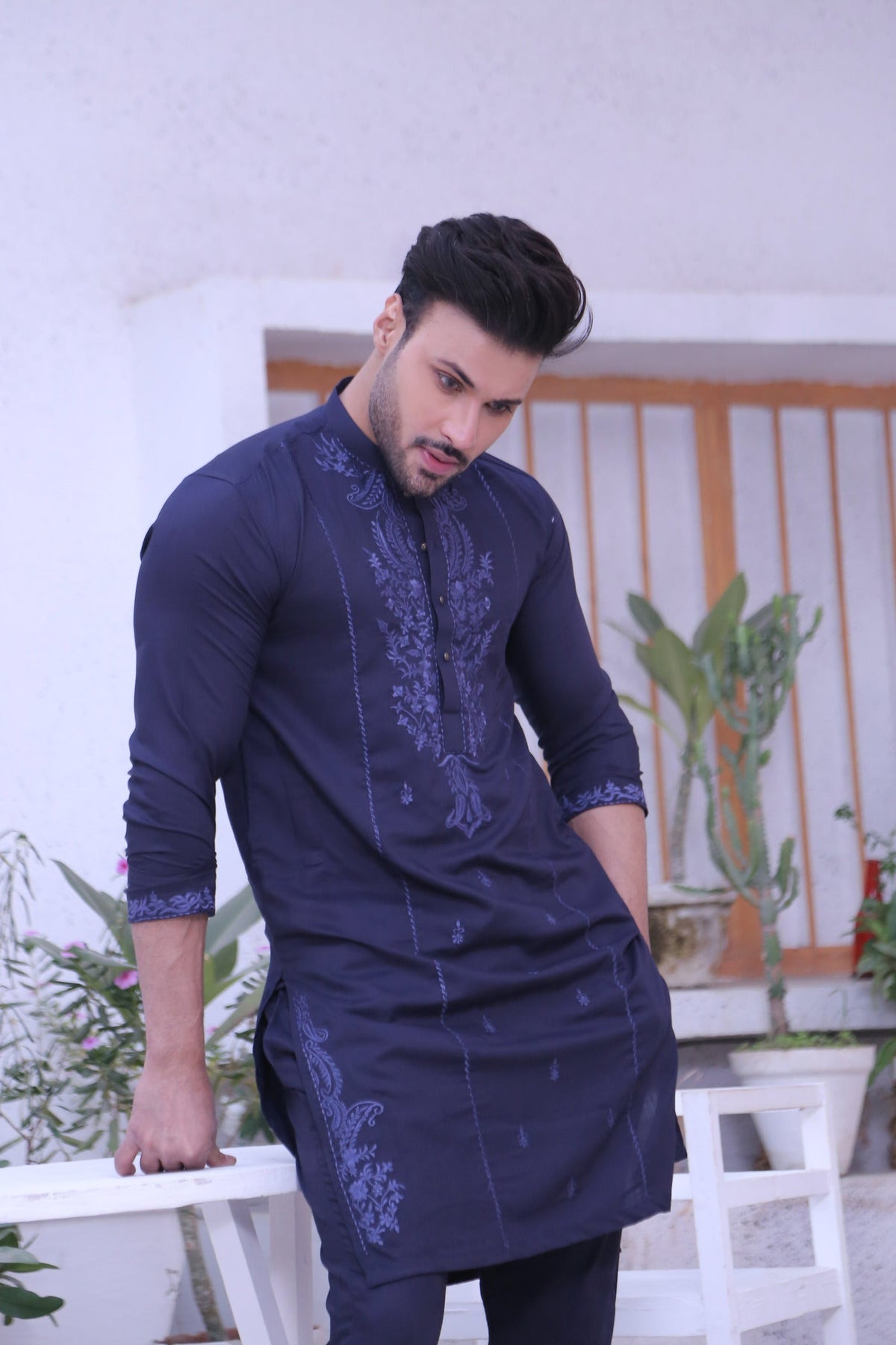 Blue Color Chicken Kari Embroidery Kurta Pajama For Men