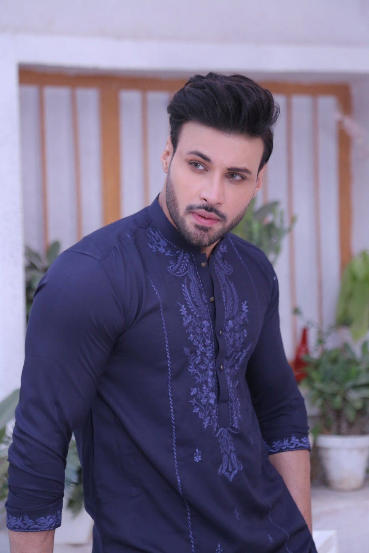 Blue Color Chicken Kari Embroidery Kurta Pajama For Men