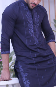 Blue Color Chicken Kari Embroidery Kurta Pajama For Men