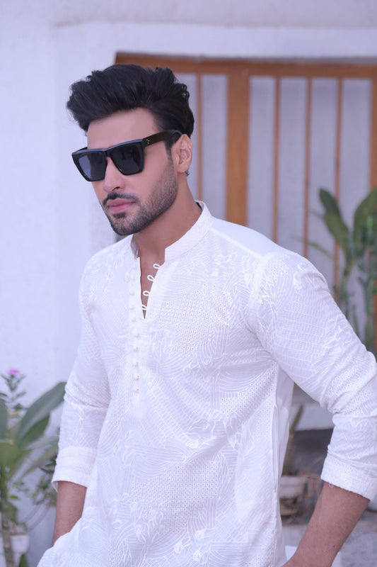 White Color Chicken Kari Work Kurta Pajama For Men
