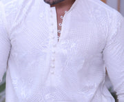 White Color Chicken Kari Work Kurta Pajama For Men