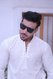 White Color Chicken Kari Work Kurta Pajama For Men