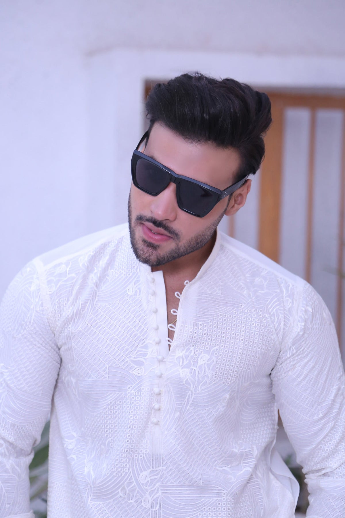 White Color Chicken Kari Work Kurta Pajama For Men