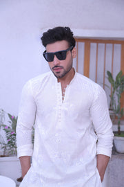 White Color Chicken Kari Work Kurta Pajama For Men