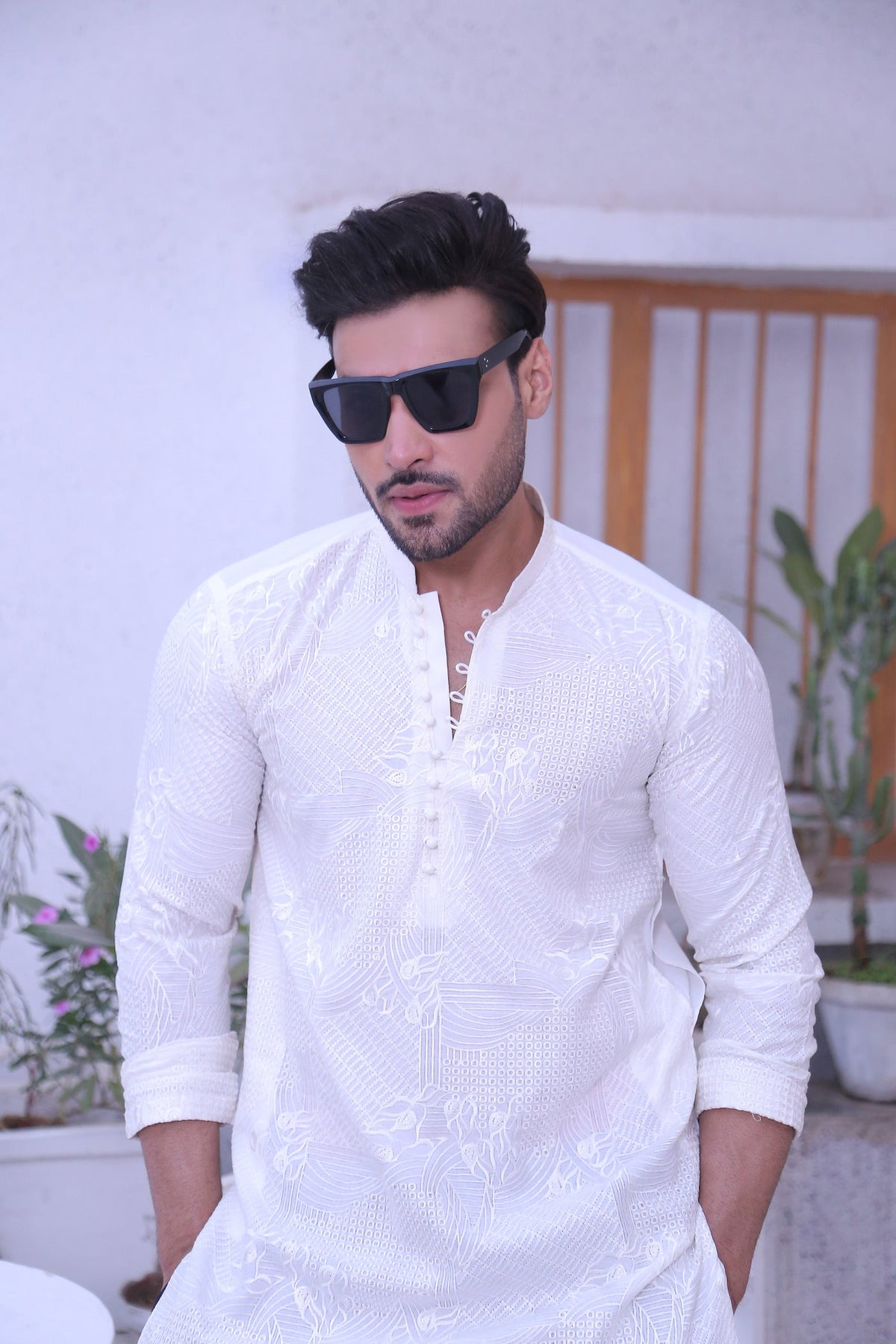 White Color Chicken Kari Work Kurta Pajama For Men