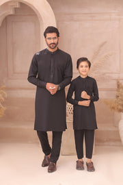 Black Father & Son Matching Kurta Pajama Set For Men & Kid