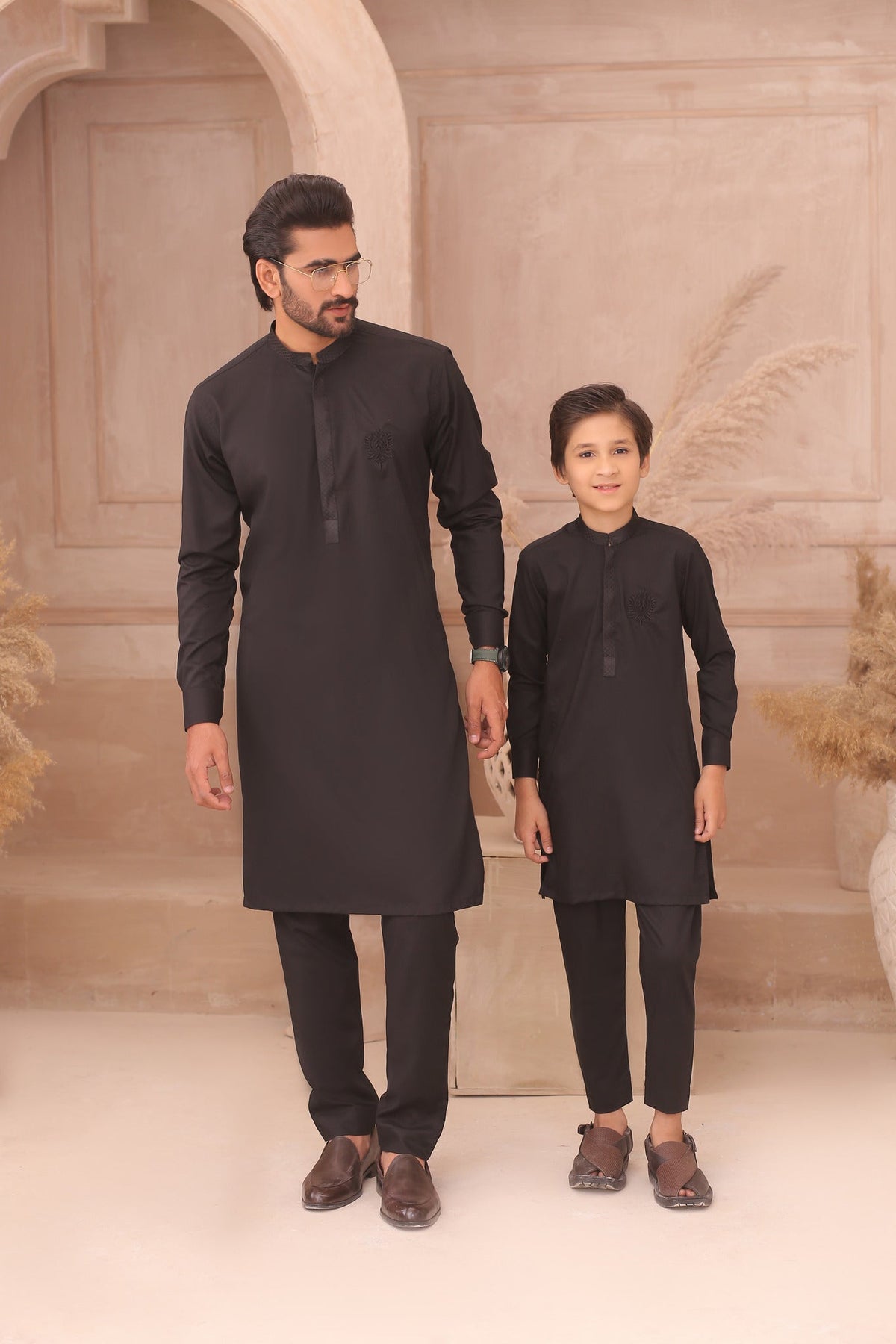 Black Father & Son Matching Kurta Pajama Set For Men & Kid