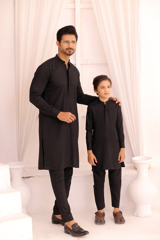 Black Embroidered Father & Son Matching Kurta Pajama Set For Men & Kid