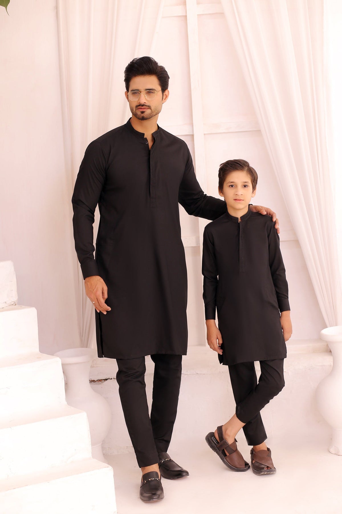 Black Embroidered Father & Son Matching Kurta Pajama Set For Men & Kid