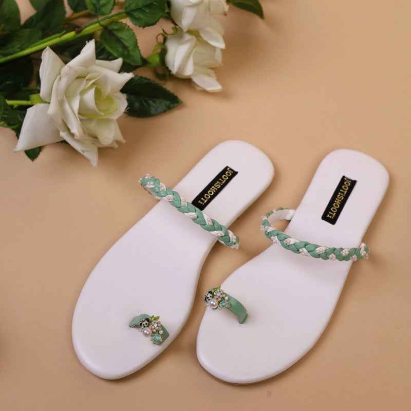 Mint & Ivory Braided Slip-Ons – Pearl Touch Elegance For Women