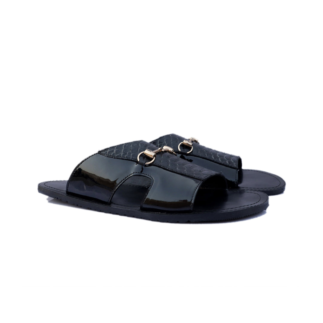 Black Color With Gold Buckle Leather Slippers For Men