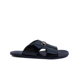 Black Color With Gold Buckle Leather Slippers For Men