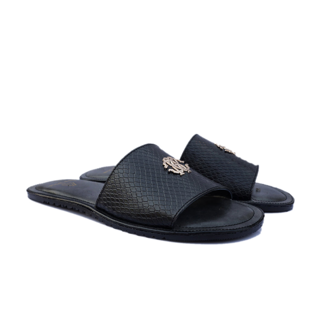 Black With Golden Bunch Leather Slippers For Men