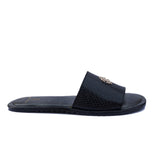 Black With Golden Bunch Leather Slippers For Men