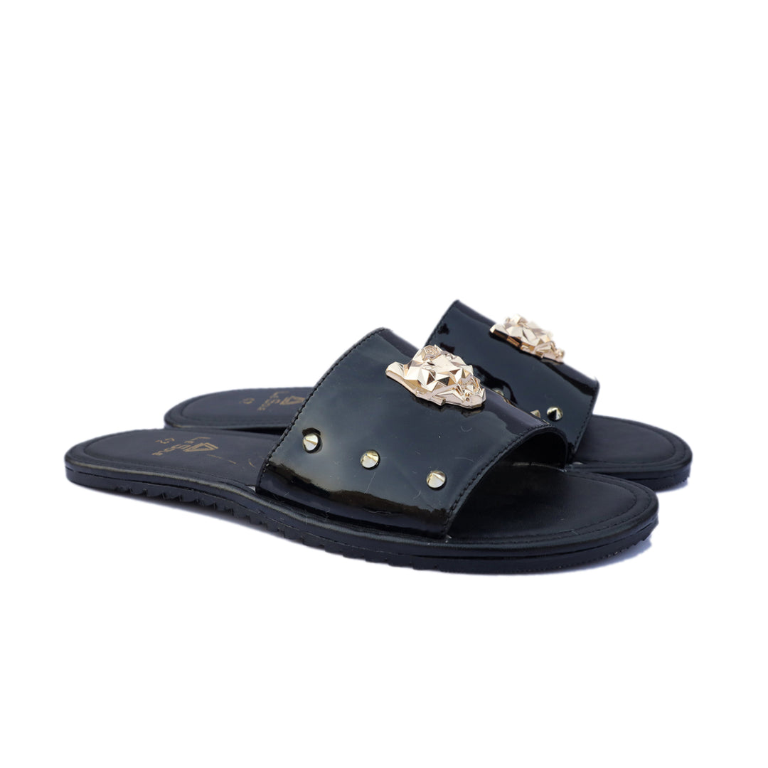 Black Color With Golden Bunch Leather Slippers For Men