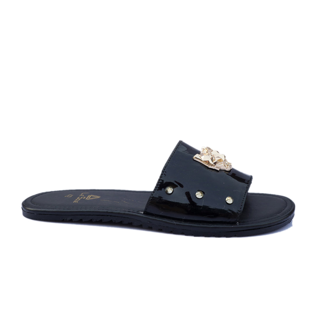 Black Color With Golden Bunch Leather Slippers For Men