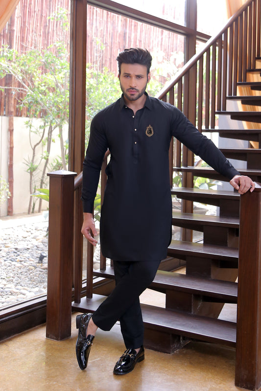 Black Color Golden Monogram Embroidery Kurta Pajama For Men