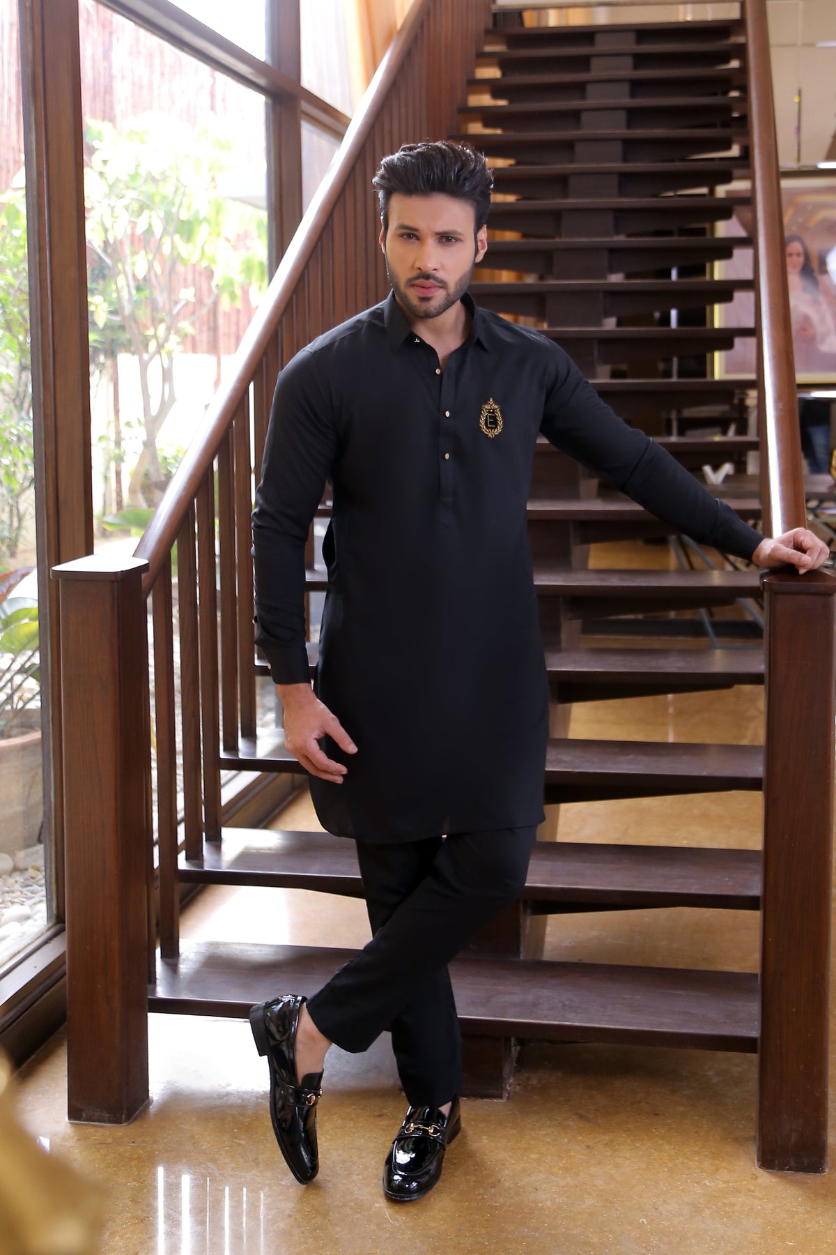 Black Color Golden Embroidered Kurta Pajama For Men