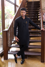 Black Color Golden Monogram Embroidery Kurta Pajama For Men