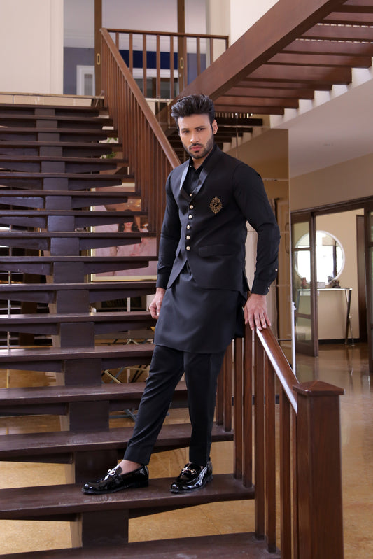 Black Color Black Embroidered Waist Coat For Men