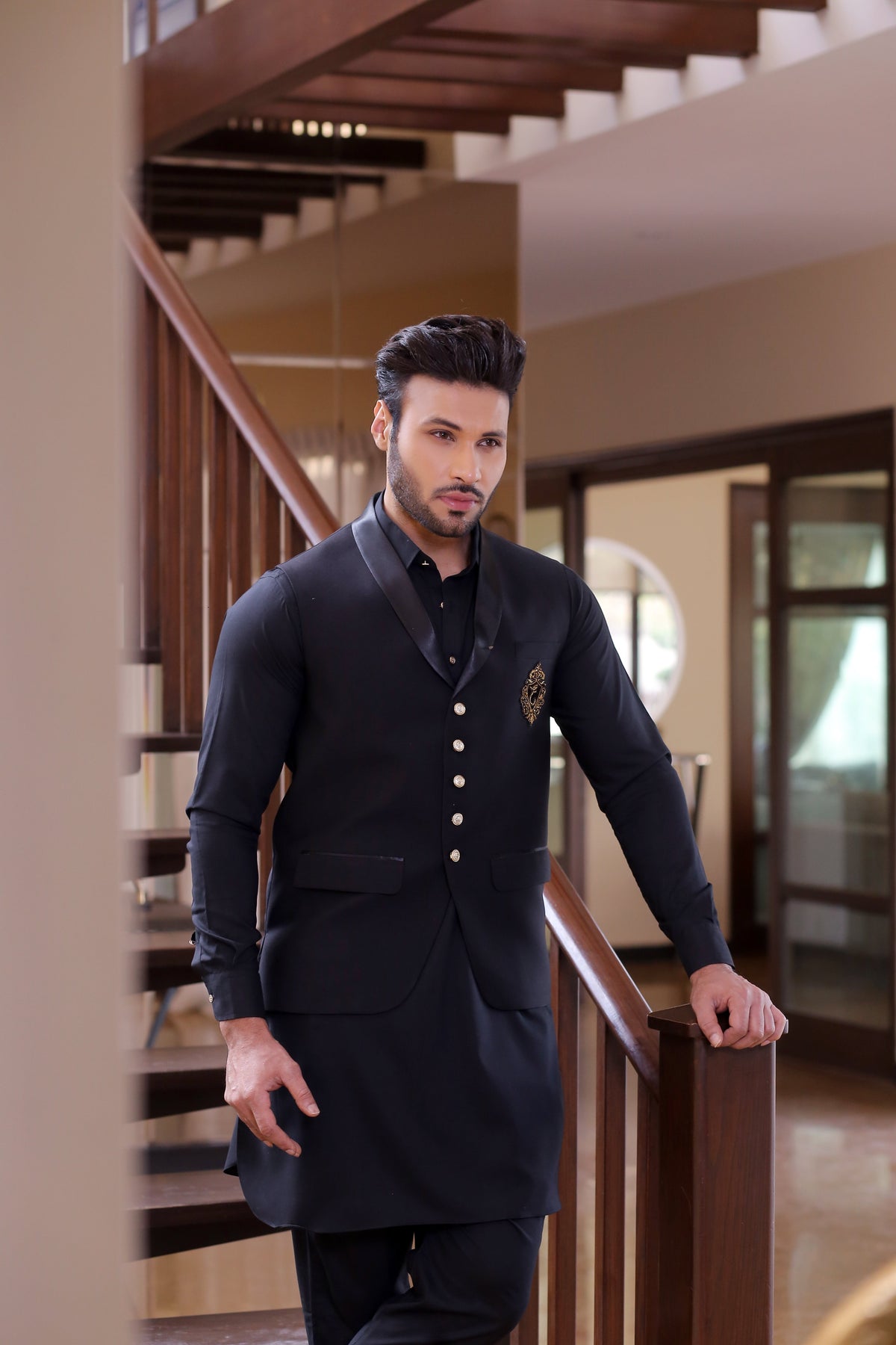 Black Color Black Embroidered Waist Coat For Men