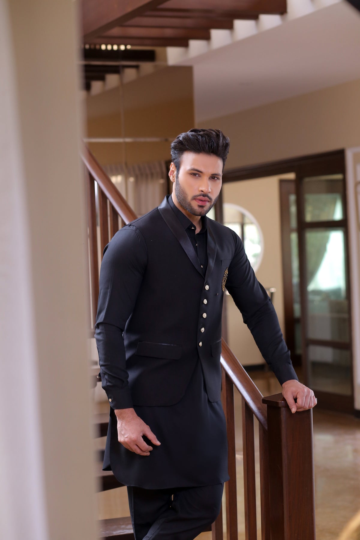 Black Color Black Embroidered Waist Coat For Men