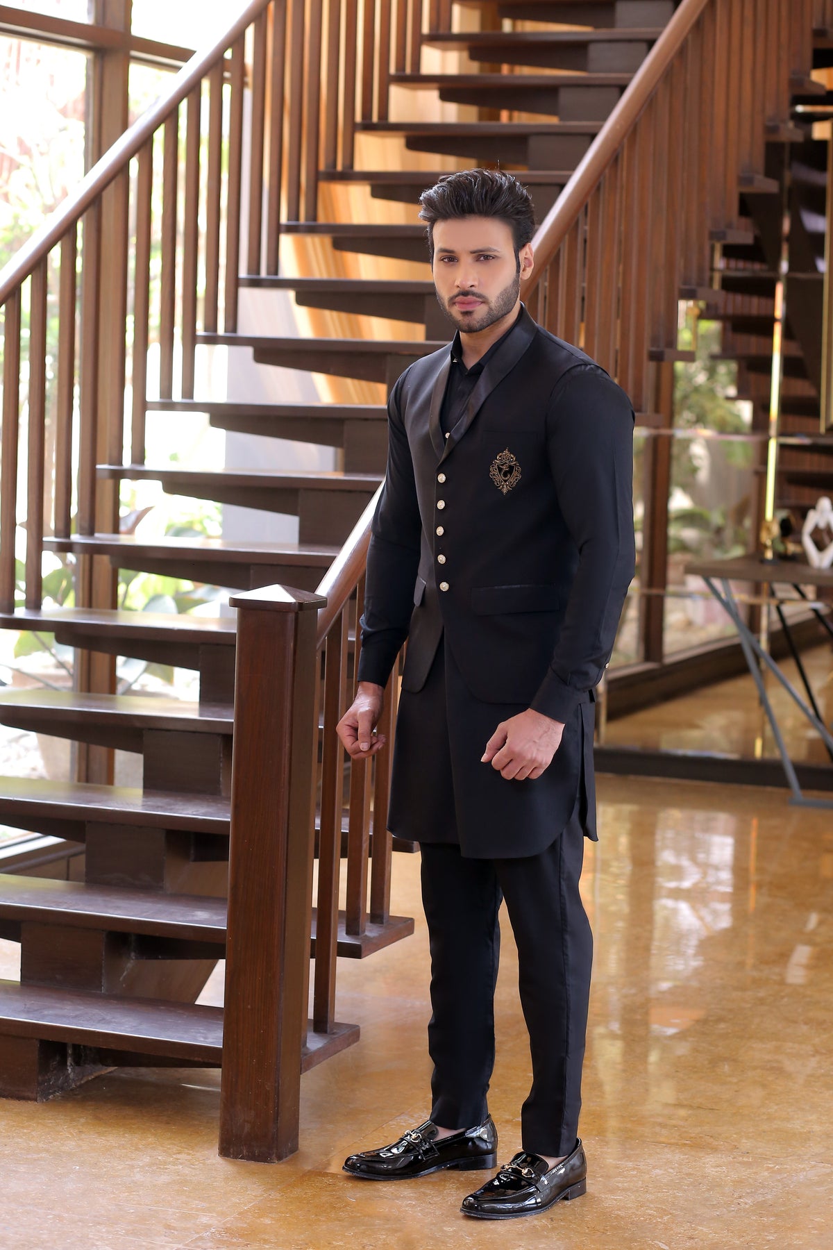 Black Color Black Embroidered Waist Coat For Men