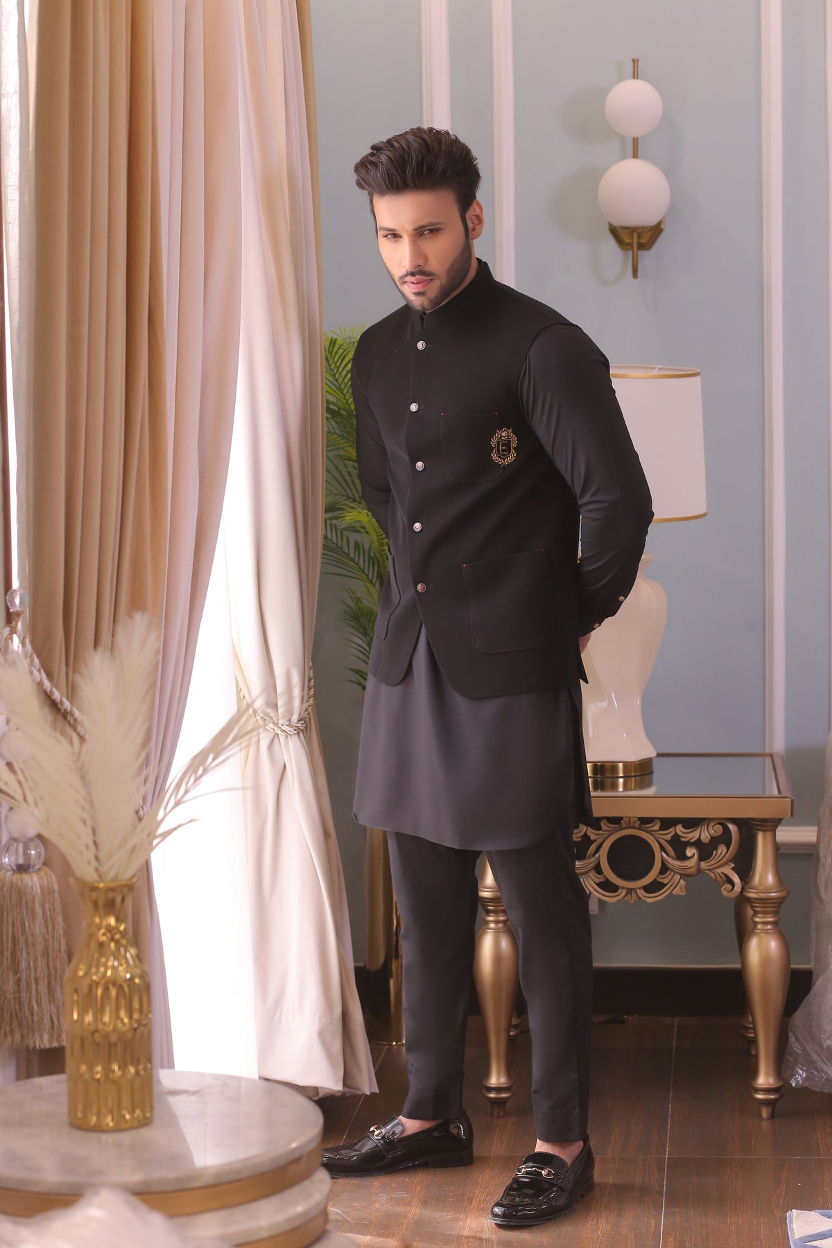 Black Color Golden Embroidered Waist Coat For Men