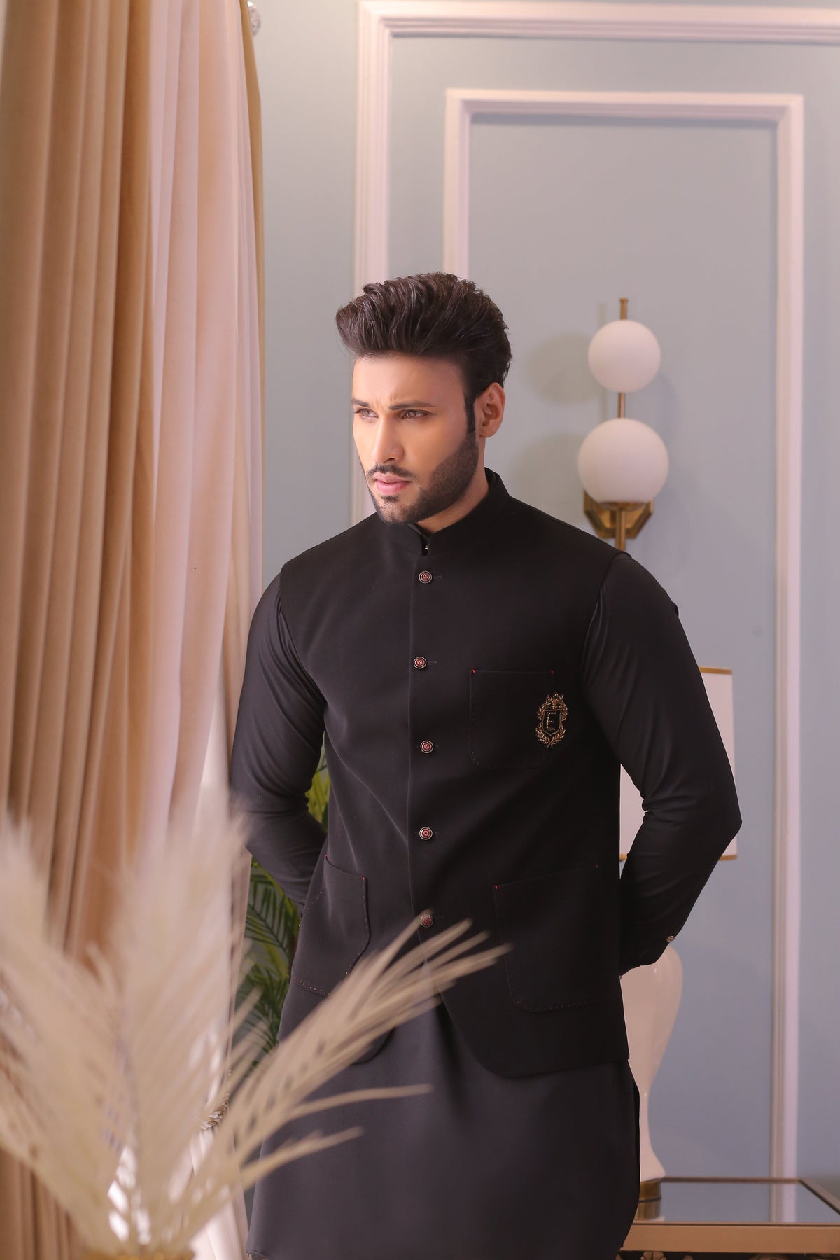 Black Color Golden Embroidered Waist Coat For Men