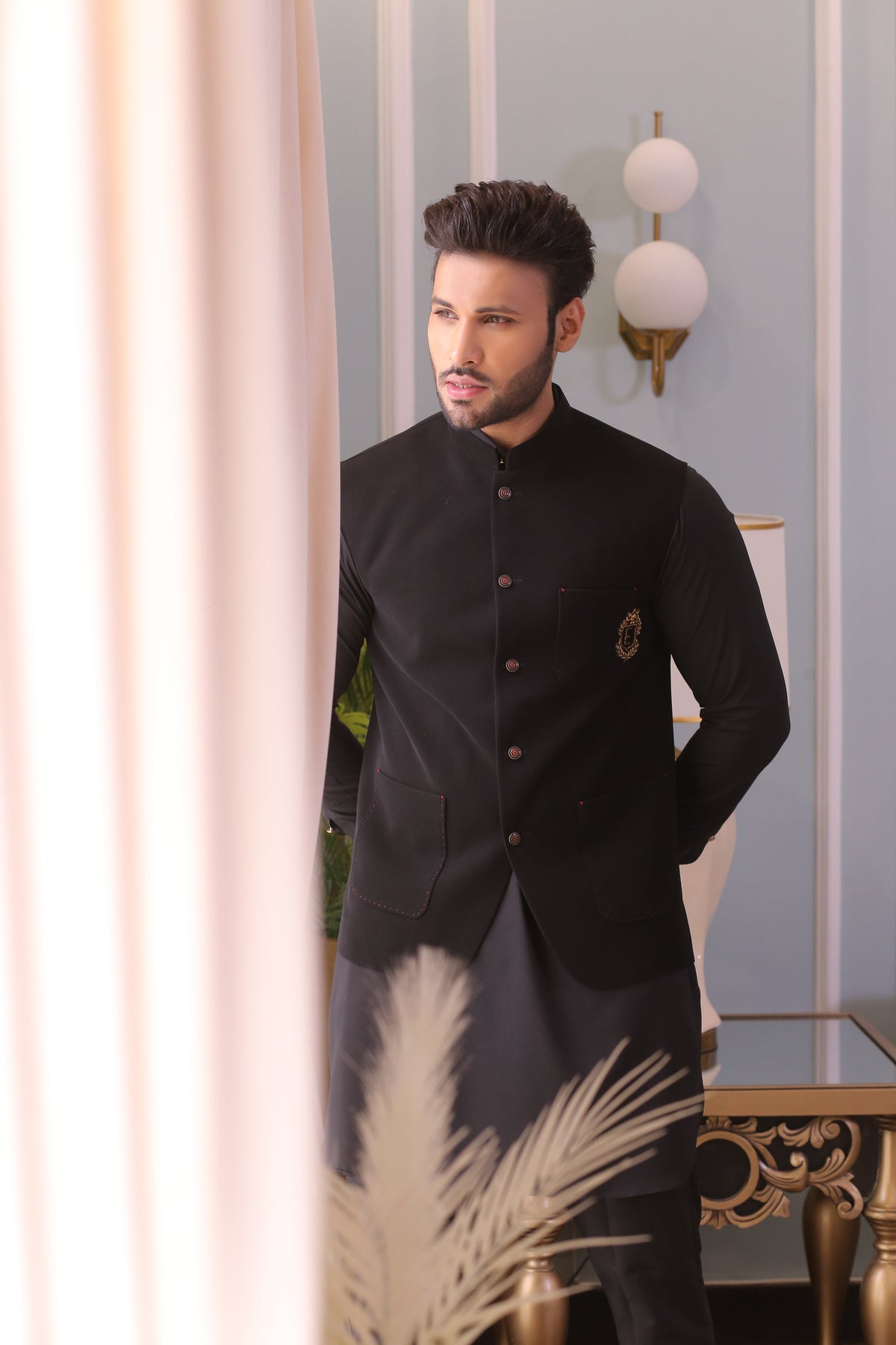 Black Color Golden Embroidered Waist Coat For Men