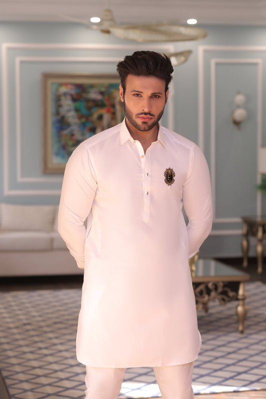 White Color Golden Embroidered Kurta Pajama For Men