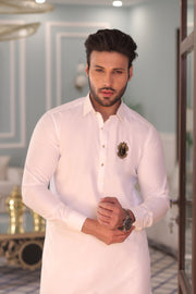 White Color Golden Embroidered Kurta Pajama For Men