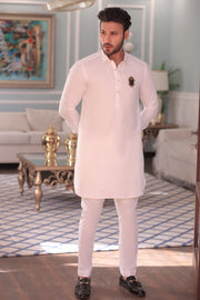 White Color Golden Embroidered Kurta Pajama For Men