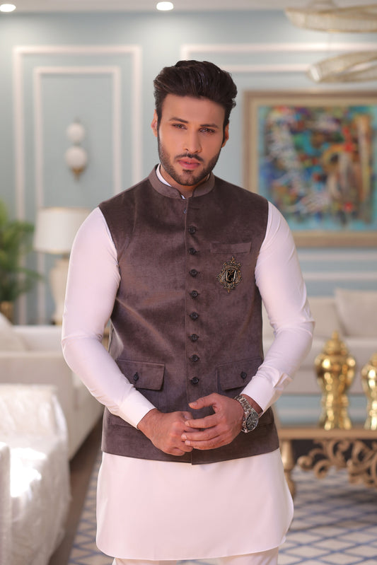 Grey Color Golden Embroidered Waist Coat For Men