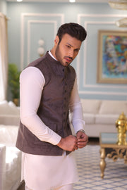 Grey Color Golden Embroidered Waist Coat For Men