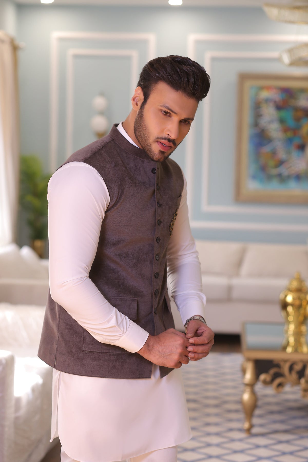 Grey Color Golden Embroidered Waist Coat For Men
