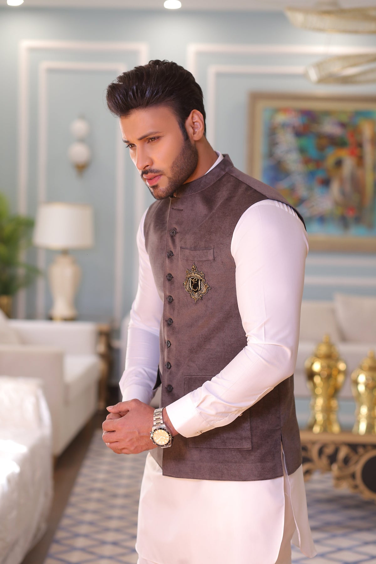 Grey Color Golden Embroidered Waist Coat For Men