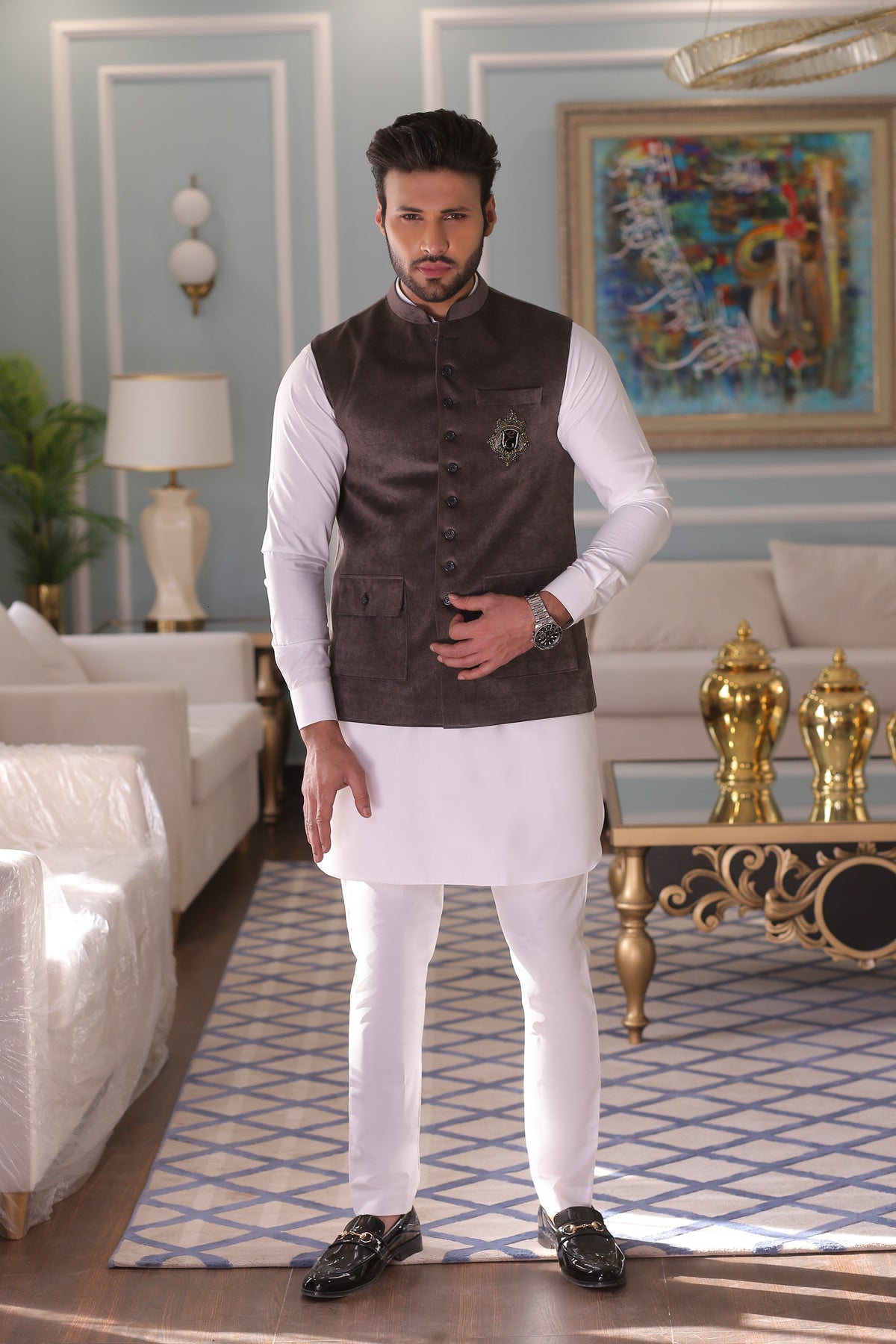 Grey Color Golden Embroidered Waist Coat For Men