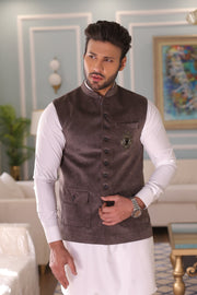 Grey Color Golden Embroidered Waist Coat For Men