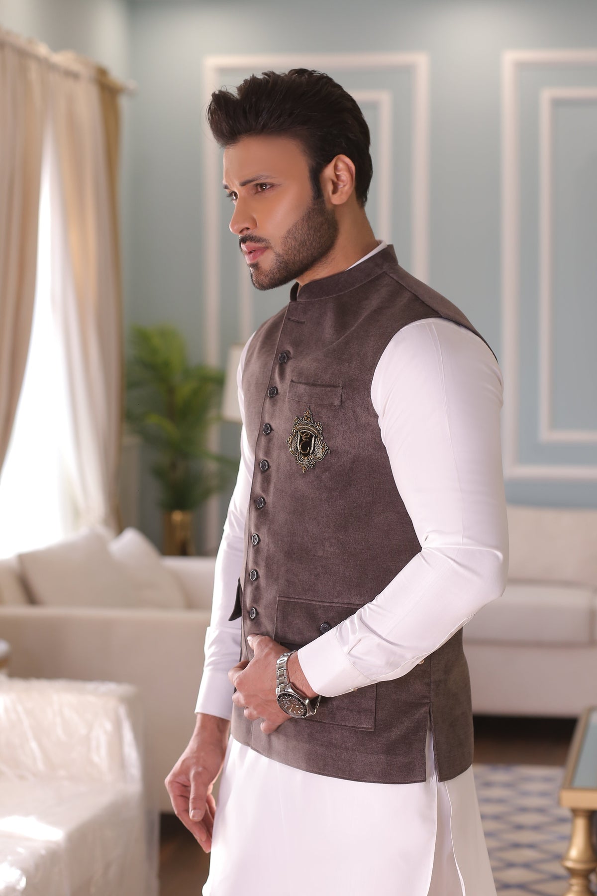 Grey Color Golden Embroidered Waist Coat For Men
