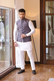 Grey Color Golden Embroidered Waist Coat For Men
