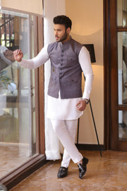 Grey Color Golden Embroidered Waist Coat For Men