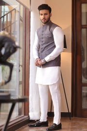 Grey Color Golden Embroidered Waist Coat For Men