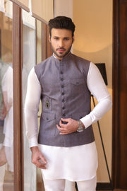 Grey Color Golden Embroidered Waist Coat For Men