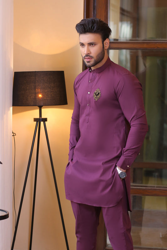 Maroon Color Golden Embroidered Cotton Kurta Pajama For Men