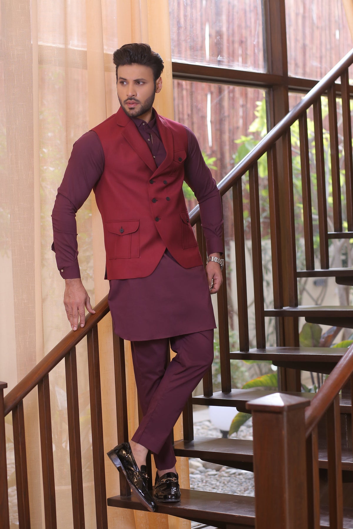 Maroon Color Tux Style Waist Coat For Men