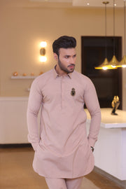 Beige Color Golden Embroidered Kurta Pajama For Men