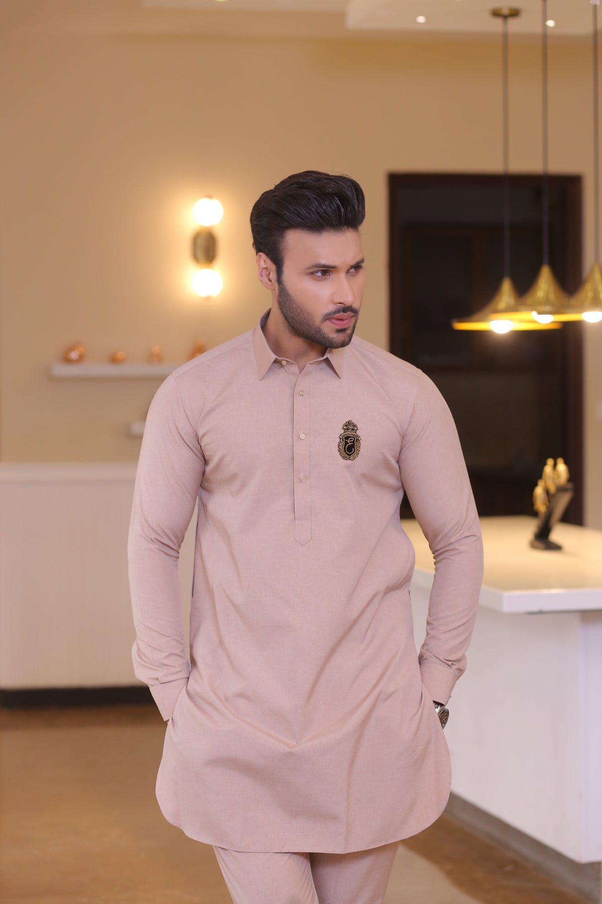 Beige Color Golden Embroidered Kurta Pajama For Men